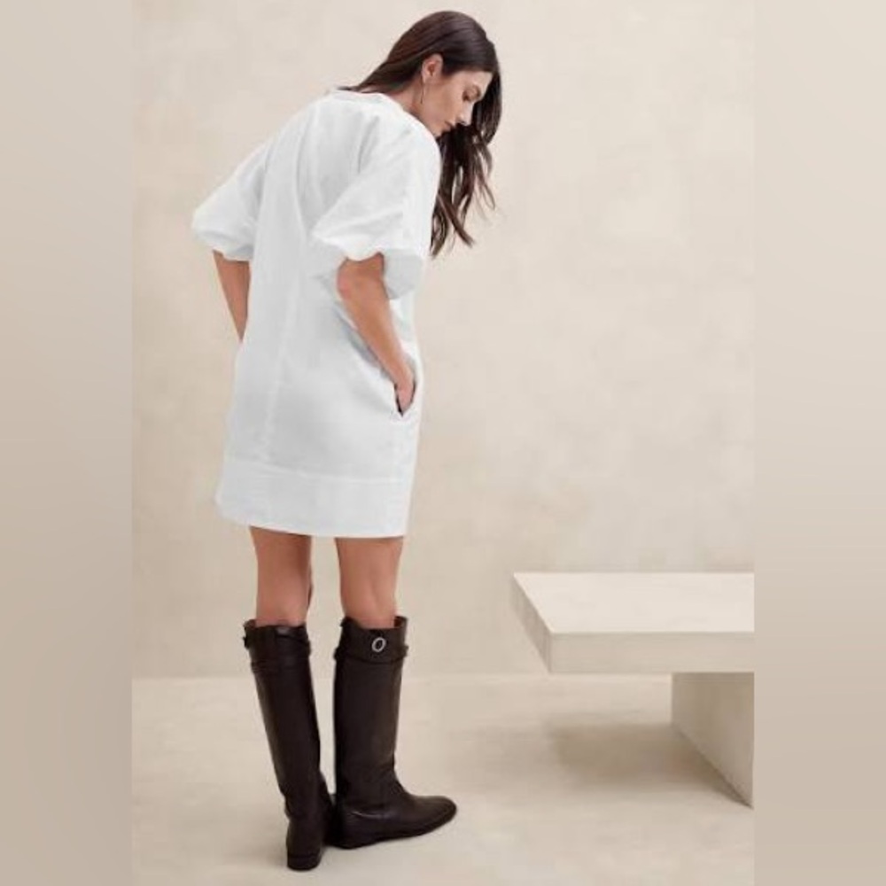 Banana Republic White Livia Poplin Mini Dress Bubble Puff Sleeve S Tall NEW $150 - Picture 2 of 13